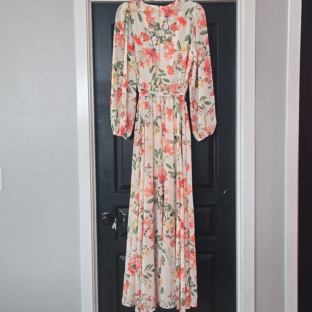 Yumi Kim Champagne & Strawberry Floral Blouson Sleeve Maxi Dress Size Medium - Picture 4 of 15